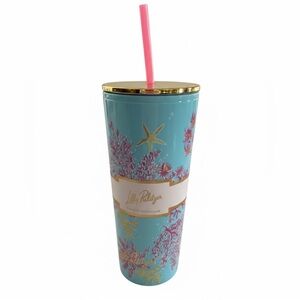 Lilly Pulitzer Turquoise Coral Reef Tumbler with Pink Straw